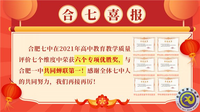 合肥七中在2021你那高中教學(xué)質(zhì)量評價中榮獲六個A專項優(yōu)勝獎，與合肥七中共同蟬聯(lián)第一！.jpg
